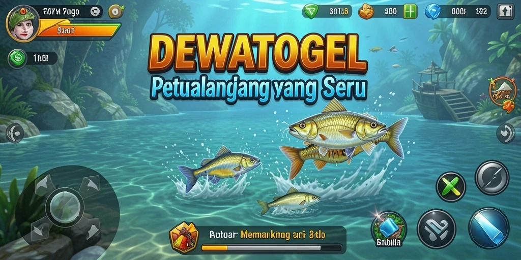 Screenshot utama DEWATOGEL menampilkan pemain yang sedang memancing di danau.