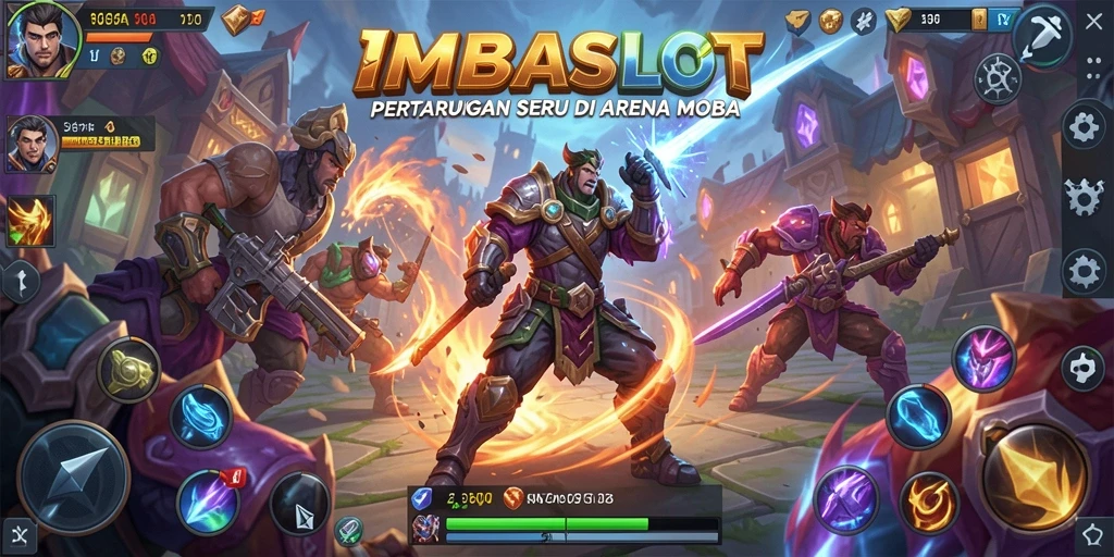 Menampilkan aksi pertarungan seru dalam <strong>IMBASLOT</strong> di arena MOBA.