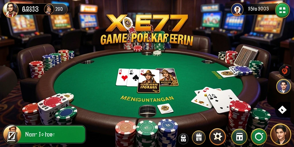 Screenshot gameplay XE77 menampilkan suasana permainan poker yang seru.